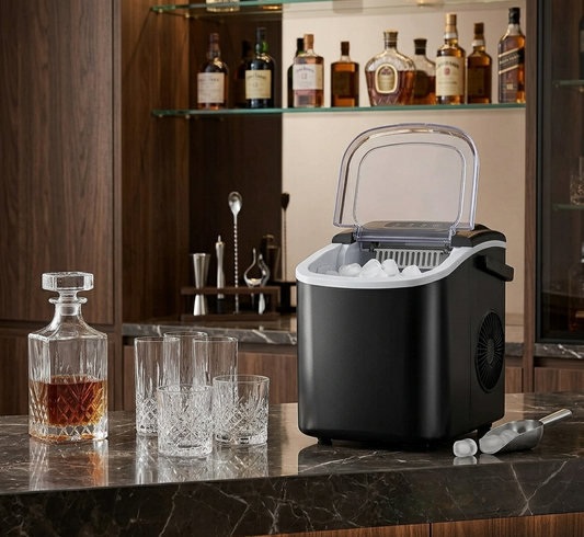Black ice maker on a bar counter with glasses and a decanter in a bar setting.