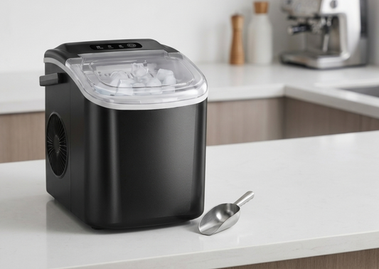 Black portable ice maker on a kitchen counter with a scoop